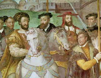 Detail aus Der feierliche Einzug von Kaiser Karl V. (1500-58), Franz I. (1494-1547) und Alessandro Farnese (1546-92) nach Paris im Jahr 1540, aus der 